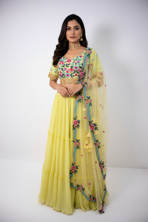 Yellow floral embroidered Lehenga