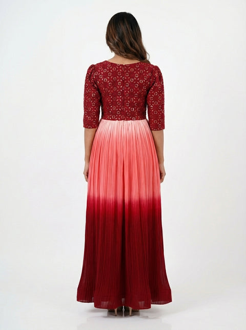 Peach & Maroon Shade Chickankari Gown