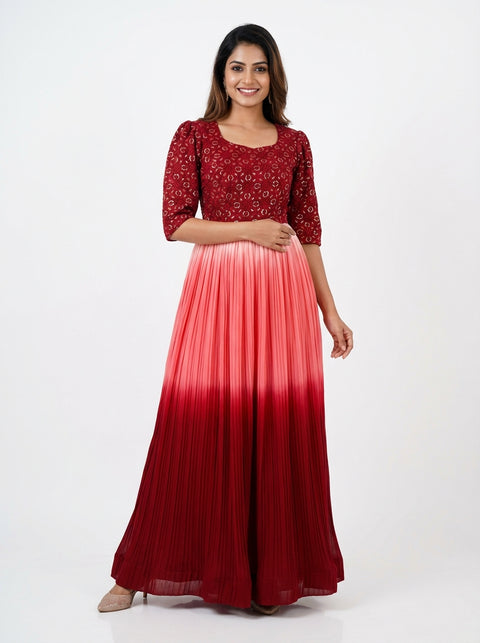 Peach & Maroon Shade Chickankari Gown