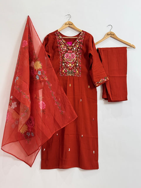 Rust Orange Kurta, Pants and Dupatta Set