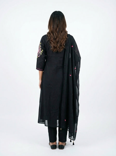 Black Kurta, Pants and Dupatta Set