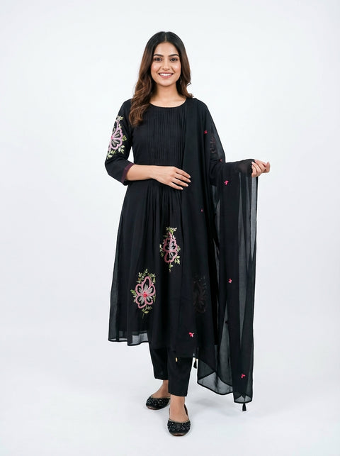 Black Kurta, Pants and Dupatta Set