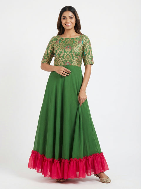 Green Brocade Gown With Contrast Bottom Frills