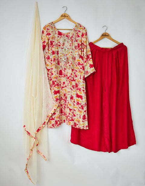 Red & White Kurta, Pants and Dupatta set