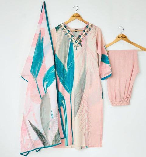 Pink and Green Kurta, Pants and Dupatta set