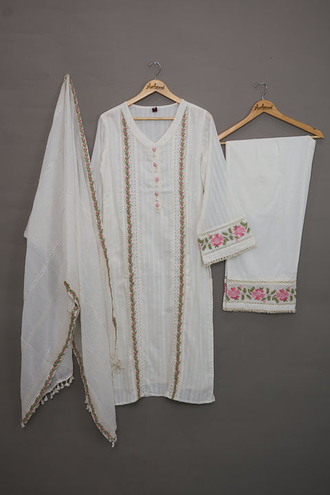 White Kurta, Pants and Dupatta set in Cotton
