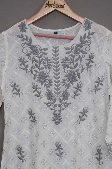 White & Grey Kurta, Pants and Dupatta set in Cotton