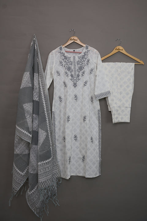 White & Grey Kurta, Pants and Dupatta set in Cotton