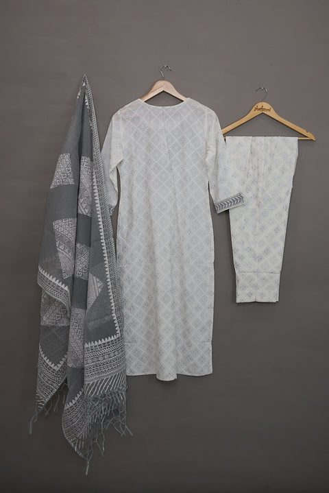 White & Grey Kurta, Pants and Dupatta set in Cotton