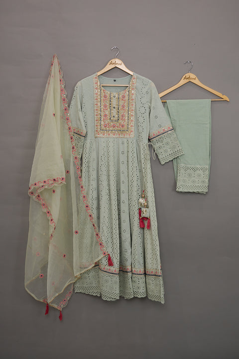 Green Kurta, Pants and Dupatta set in Cotton