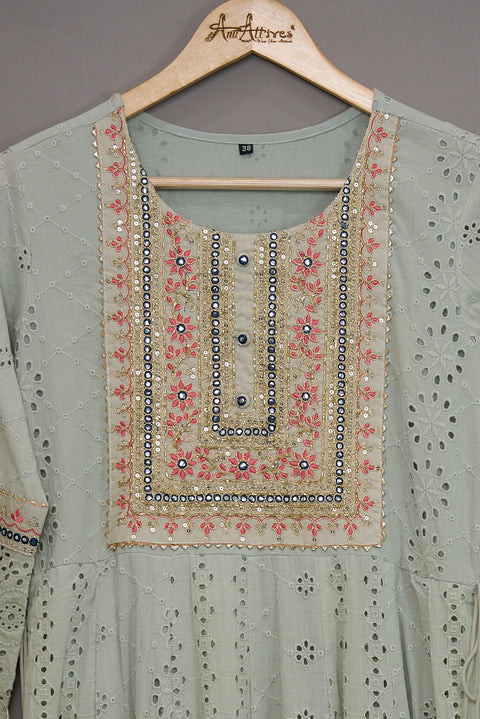 Green Kurta, Pants and Dupatta set in Cotton