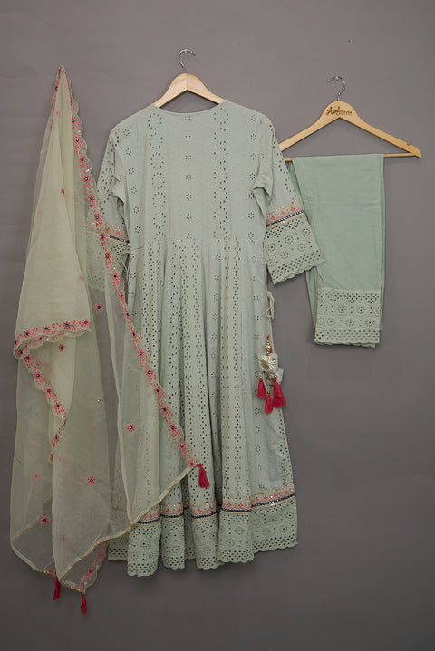 Green Kurta, Pants and Dupatta set in Cotton