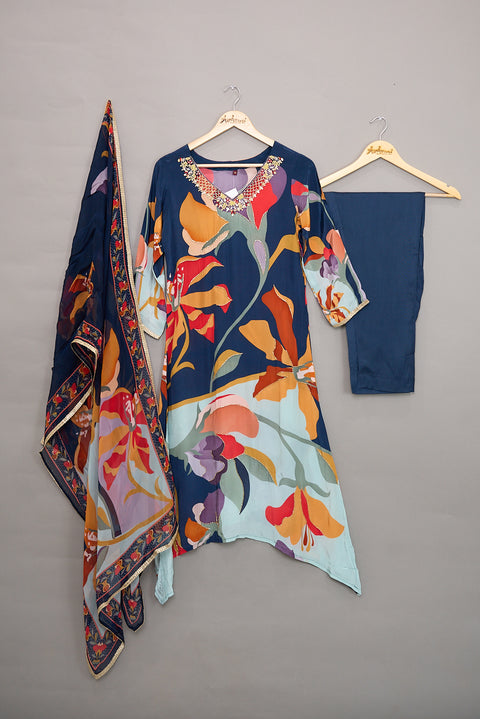 Blue Kurta, Pants and Dupatta set in Crepe Silk