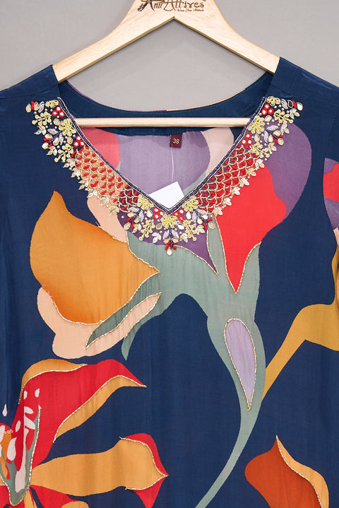 Blue Kurta, Pants and Dupatta set in Crepe Silk