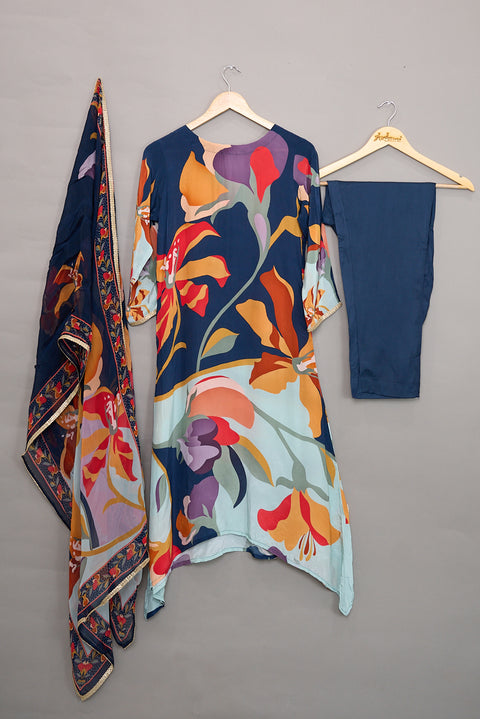 Blue Kurta, Pants and Dupatta set in Crepe Silk