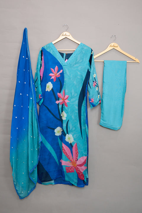 Blue Kurta, Pants and Dupatta set in Cotton
