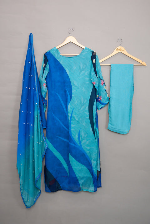 Blue Kurta, Pants and Dupatta set in Cotton