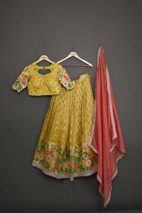 Yellow and Red Zari Kota Half Saree