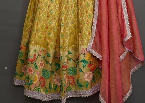 Yellow and Red Zari Kota Half Saree