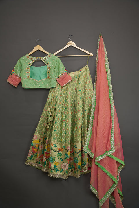 Green and Peach Zari Kota Half Saree