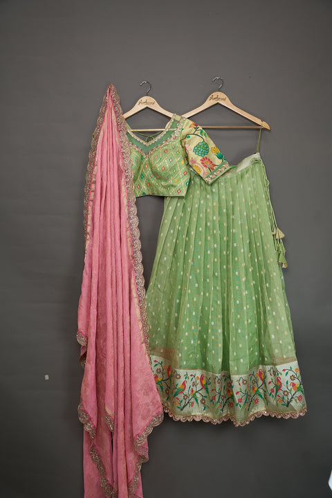 Green and Peach Zari Kota Half Saree