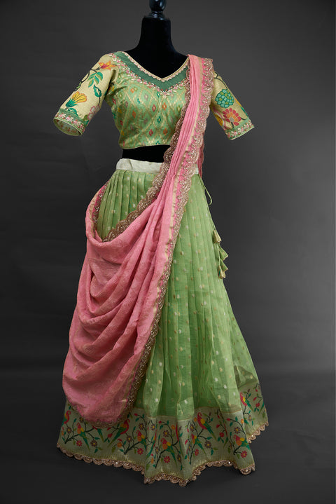Green and Peach Zari Kota Half Saree