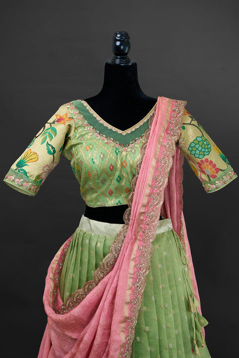 Green and Peach Zari Kota Half Saree