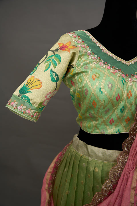 Green and Peach Zari Kota Half Saree