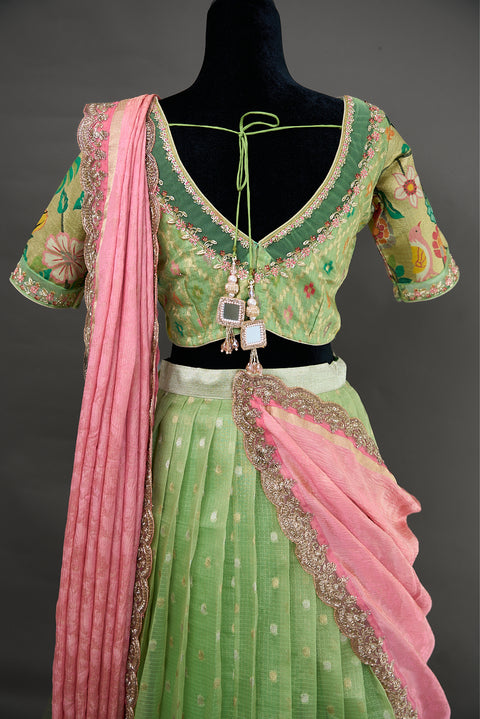 Green and Peach Zari Kota Half Saree