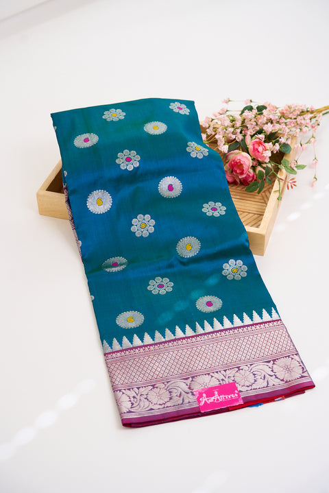 Venkatgiri Saree- Peacock Blue and Red W/silver Zari (Attached Blouse Material)