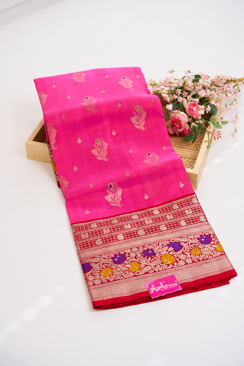 Venkatgiri Saree- Pink and Red W/silver Zari (Attached Blouse Material)