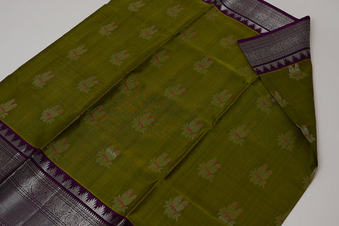 Venkatgiri Saree- Green and Purple W/silver Zari (Attached Blouse Material)