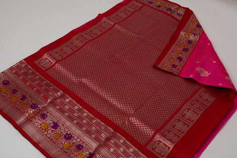 Venkatgiri Saree- Pink and Red W/silver Zari (Attached Blouse Material)