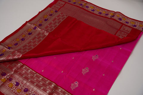 Venkatgiri Saree- Pink and Red W/silver Zari (Attached Blouse Material)
