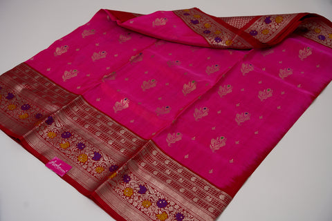 Venkatgiri Saree- Pink and Red W/silver Zari (Attached Blouse Material)