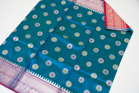 Venkatgiri Saree- Peacock Blue and Red W/silver Zari (Attached Blouse Material)