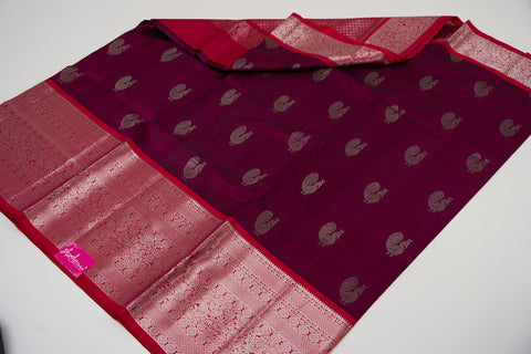 Venkatgiri Saree- Onion Pink and Red W/silver Zari (Attached Blouse Material)