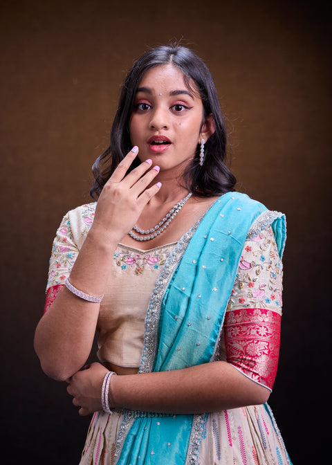 White and Blue Kanjivaram Half Saree