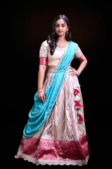 White and Blue Kanjivaram Half Saree