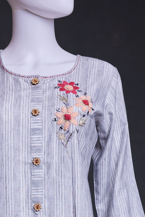 Ash and White Striped Straight Cut Kurta