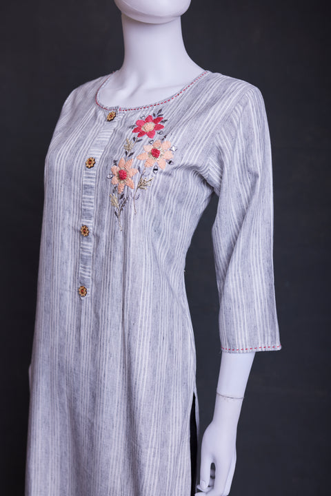 Ash and White Striped Straight Cut Kurta