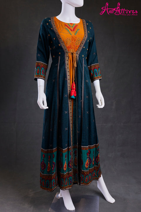 Yellow and Blue A-Line Kurta with long jacket