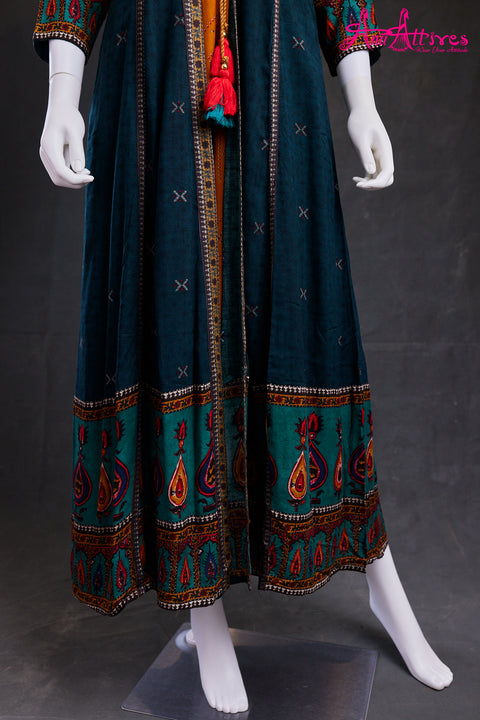 Yellow and Blue A-Line Kurta with long jacket