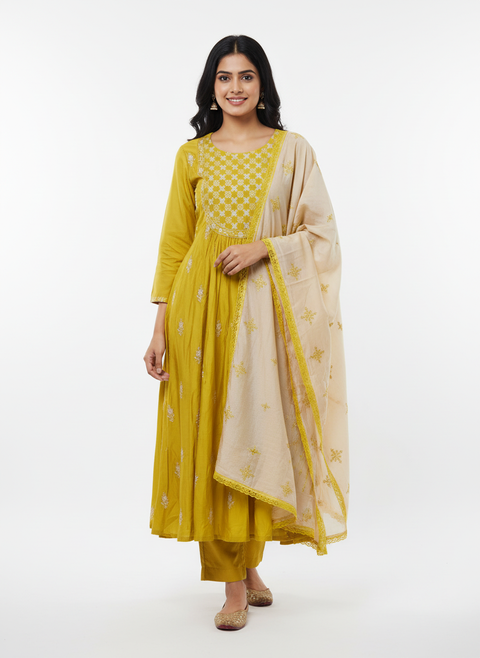 Yellow Kurta, Pants and Dupatta set