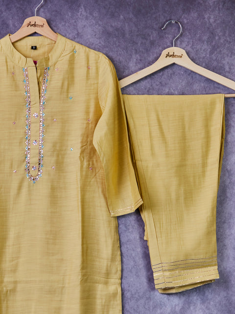 Yellow Kurta, Pants and Dupatta set in Muslin