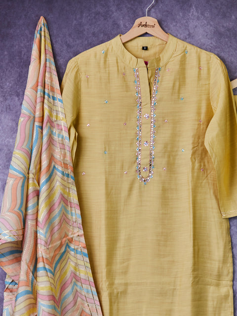Yellow Kurta, Pants and Dupatta set in Muslin