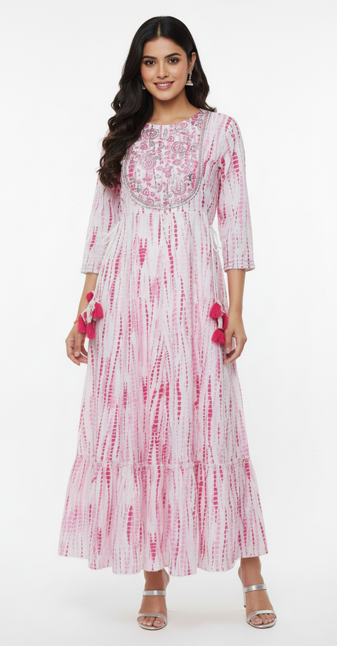 Pink & White Shibori Print Dress with Silver Mirror Work Yoke