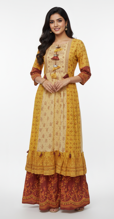Mustard & Rust Floral Print Dress with Tiered Ruffle Hem