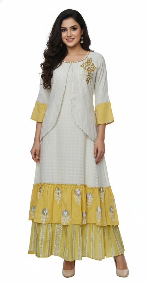Embellished Jacket-Style Kurta with Flared Mustard Hem
