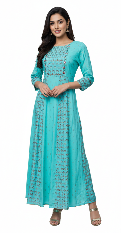 Turquoise Blue Embroidered Rayon Dress with Floral Yoke